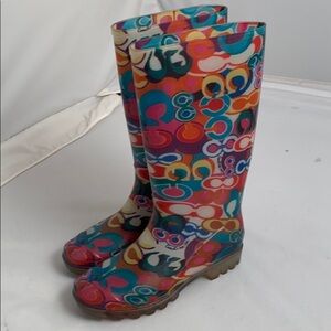 Coach Pixy Poppy multicolor rainbow C print logo rain boots size 6